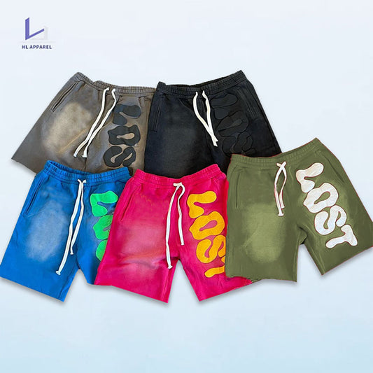 HUILI FACTORY 100% cotton shorts men custom streetwear vintage acid wash puff print shorts