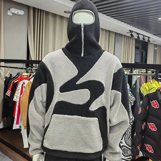 HUILI FACTORY fleece blank fluffy ninja hoodie sherpa masked heavy thick streetwear face zip hoodie